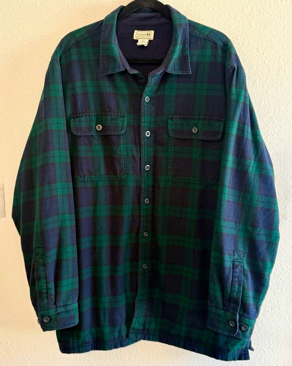 LL Bean Mens Fleece-Lined Flannel Shirt Jacket XL Regular Black Watch Plaid